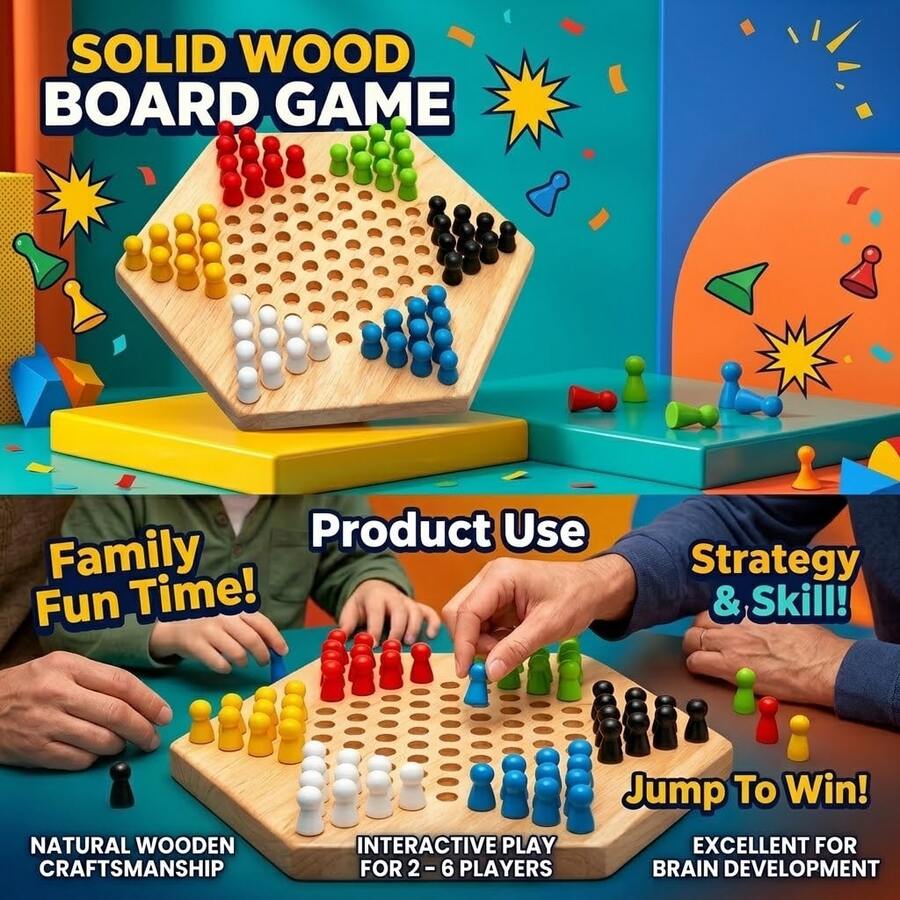 1PC-Wooden Chinese Checkers Game Set, Solid Wood Hexagonal Board With 6 Color Pegs, Classic Family Strategy Board Game Adult Game Couple Game Group Game - Multicolor - View 1