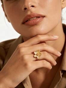 1 Pc Fashion Large Flower Ring For Women Gold Color Stainless Steel Geometric Ring Birthday Party Jewelry Gift - Gold - View 6