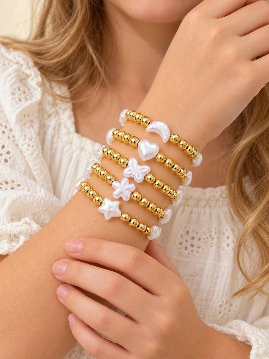 1pc/5pcs Set Girls Beaded Bracelets Gold Tone White Star Heart Flower Moon Cute Stackable Children Jewelry For Daily Wear Birthday Party Christmas - Gold - View 1