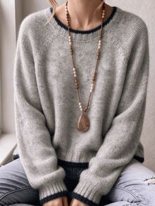 Plus Size Women's Round Neck Colorblock Trim Raglan Long Sleeve Sweater, 2026 Essential Casual Everyday Wear - Grey - View 10