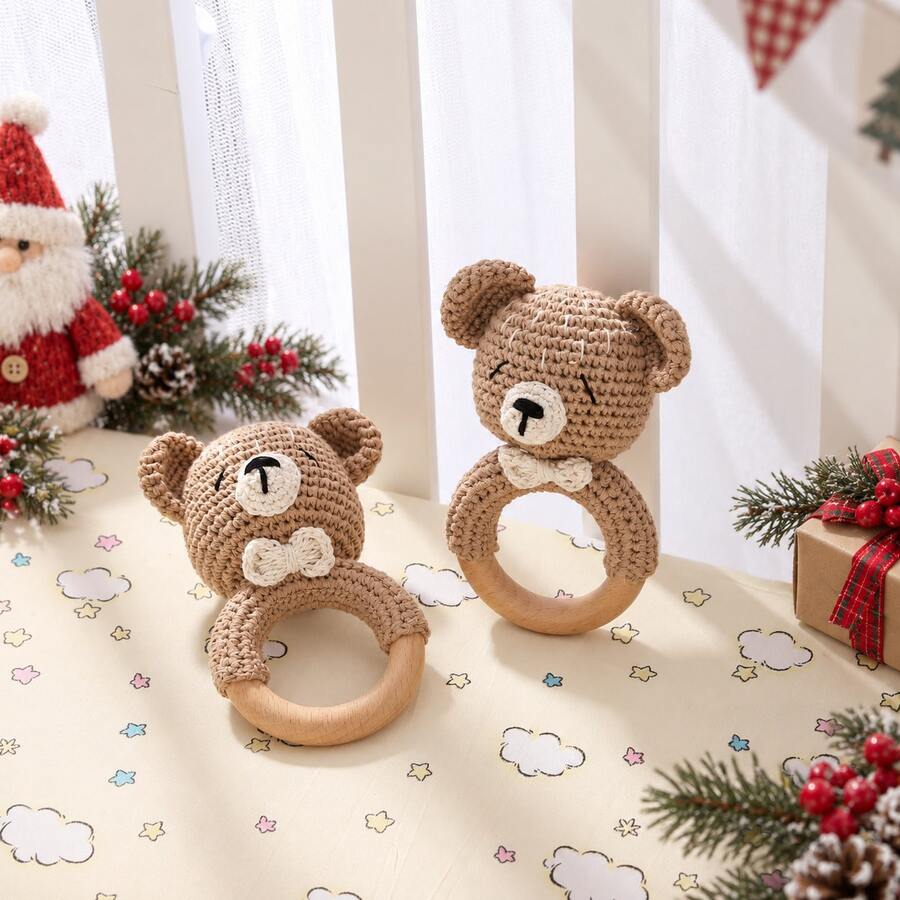 1PC Baby Soothing Handheld Grip Toy, Handmade Crochet Cute Bear Rattle Toy, Focus Training Sensory Stimulation Toy, Newborn Gift, Christmas Birthday Present