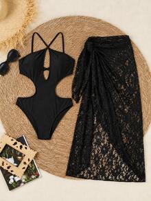 Women's Yellow Halter One-Piece Swimsuit With Matching Skirt, Casual Sexy Elegant, Suitable For Spring/Summer Beach Vacation And Party - Black - View 2