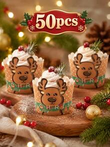 30pcs/50pcs Reusable Christmas Reindeer Cupcake Liners, Cute Holiday Cake Cup Decorations, Suitable For Baking, Dessert Table, Winter Party, Family Gathering, Holiday Event And Christmas Celebration - Multicolor - View 7