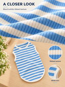 1pc Striped Dog Vest, Ribbed Sleeveless Crew Neck Pet Shirt, Lightweight Daily Vest, Suitable For Small Dogs And Puppies - Baby Blue - View 5
