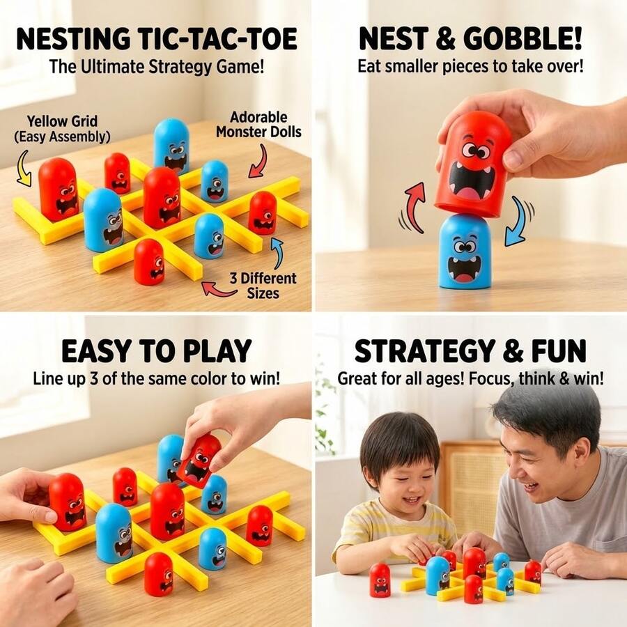 1PC-Tic Tac Toe Monster Nesting Dolls Wooden Board Game, 3x3 Red Blue Stacking Puzzle, Family Party Strategy Toy For Kids 3+ Children's Toy Board Game Group Game