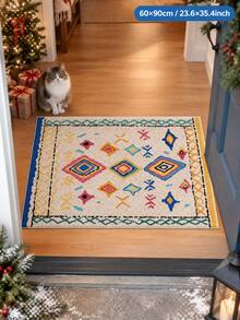 1pc Bohemian Rhombus Geometric Velvet Entryway Rug, Cream Base With ...
