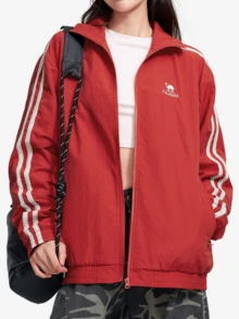 CAMEL CROWN Unisex Loose Striped Stand Collar Fleece Lined Jacket, Water Repellent Preppy Outerwear - Alert Red - View 1