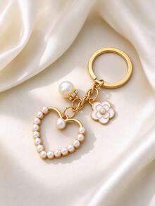 Pearl Hollow Heart Keychain Bag Charm, Camellia Flower Bag Accessory, Elegant Alloy Key Ring Pendant, Women's Handbag Accessory Gift - Multicolor - View 13