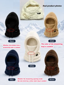 Women's Winter Fleece Lined Warm Face Mask Hat, Elastic Drawstring Closure, Lightweight And Warm, Suitable For Cycling, Skiing, Outdoor Sports, Solid Color Pullover Hat, Winter Windproof Ear Protection Hat - Multicolor - View 10