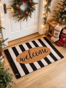 1pc Black And White Striped Welcome Mat, Classic Black And White Stripes With Warm Brown Oval Pattern, Handwritten English Accents, Minimalist And Elegant, Gently Enhancing Holiday Atmosphere, Christmas Decoration Rug, Fun Machine Washable Mat, Indoor And Outdoor Use, Holiday Gift Home Decor Rug, Multiple Sizes Available, Suitable For Bathroom, Kitchen, Bedroom, Hallway - Multicolor - View 1