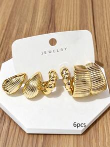 6/18pcs Fashion Gold C-Shaped Textured Petal Earrings, Exaggerated Style Earring Set For Women - Gold - View 6