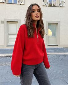 Women's Red High Neck Zipper Knit Pullover Sweater, Elegant Street Style Casual Short Knit Top, Suitable For Autumn - Red - View 3