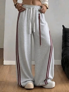 Women's Pendant With Linear Design, Fashion Urban Straight Leg Slightly Elastic Drawstring Wide Leg Pants, Casual Wear Women's Pants - Light Grey - View 5