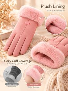 Faux Suede Fabric Full Finger Gloves, Slim Straight Shape With Plush Furry Cuff & Small Label Decoration, Touch Screen Design For Phone Operation,For Daily Commute, Shopping, Outdoor Walking, Christmas, New Year, Cold Autumn And Winter Days - Multicolor - View 4