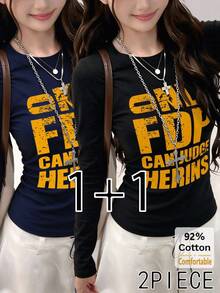 Set 2 áo thun dài tay cotton thuần in chữ mùa thu cho nữ, áo lót giữ nhiệt dáng ôm màu xanh navy + đen, dễ phối đồ - màu xanh hải quân và đen - Xem 1
