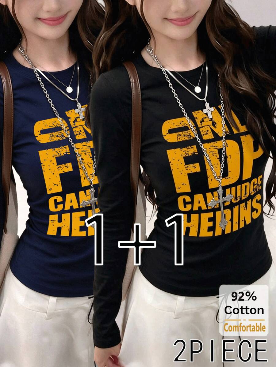 Set 2 áo thun dài tay cotton thuần in chữ mùa thu cho nữ, áo lót giữ nhiệt dáng ôm màu xanh navy + đen, dễ phối đồ - màu xanh hải quân và đen - Xem 1