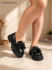 Women's Wide Fit Loafers Thick Platform Sole Bow Knot Slip-On Versatile Plus Size Shoes - Black Butterfly Flower - View 1