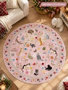 1pc Cat Garden Round Velvet Rug, Pink Background With Multiple Cats, Flowers And Butterfly Pattern, Vintage Floral Wreath Border, Exquisite And Durable, Cute And Artistic. Round Shape Suitable For Living Room, Bedroom, Children's Room, Creating A Gentle And Playful Garden Atmosphere. - Multicolor - View 4