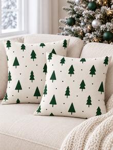 2PCS Dark Green Christmas Tree Pillow Covers, White Background Nordic Polka Dot Pattern, Christmas Holiday Home Decor, Suitable For Bedroom, Living Room, Sofa And Office, Pillow Insert Not Included - Dark Green - View 1