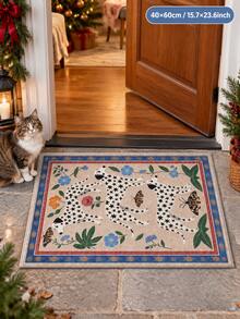 1pc Jungle Spotted Dog Butterfly Velvet Carpet, Beige Background With Three Dogs, Floral And Butterfly Vintage Jungle Pattern, Blue And Red Border Enhancing Layers. Rectangular Shape Suitable For Entryway, Living Room Entrance, Combining Decorative Sense And Vintage Artistic Atmosphere. - Multicolor - View 1