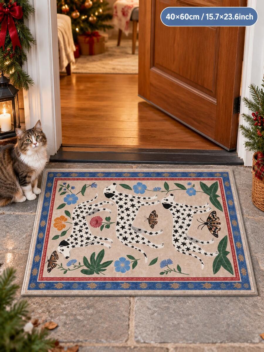 1pc Jungle Spotted Dog Butterfly Velvet Carpet, Beige Background With Three Dogs, Floral And Butterfly Vintage Jungle Pattern, Blue And Red Border Enhancing Layers. Rectangular Shape Suitable For Entryway, Living Room Entrance, Combining Decorative Sense And Vintage Artistic Atmosphere. - Multicolor - View 1