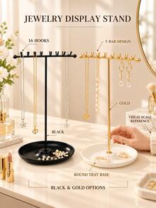 Home Desktop Tray Base Jewelry Stand, Double Row 16 Hooks Necklace Display Rack, Metal T-Shaped Earring Storage Holder - Multicolor - View 8