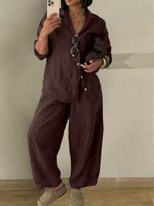 New Vintage Commuter Lapel Shirt And Wide Leg Pants 2-Piece Set, Shirt With Pocket Design, Casual Elegant Style - Redwood - View 3