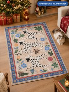 1pc Jungle Spotted Dog Butterfly Velvet Carpet, Beige Background With Three Dogs, Floral And Butterfly Vintage Jungle Pattern, Blue And Red Border Enhancing Layers. Rectangular Shape Suitable For Entryway, Living Room Entrance, Combining Decorative Sense And Vintage Artistic Atmosphere. - Multicolor - View 5
