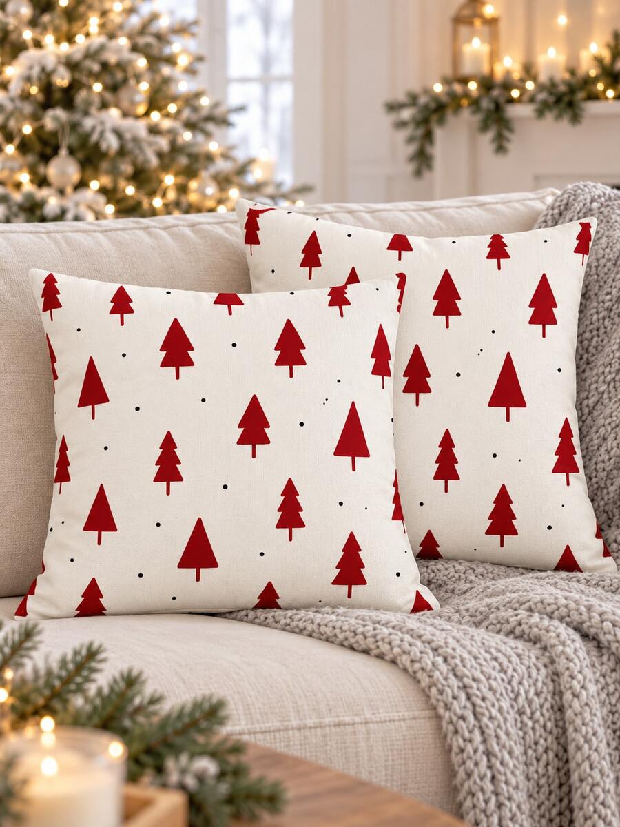 2PCS Red Christmas Tree Pillow Covers, White Background Christmas Nordic Polka Dot Pattern, Christmas Holiday Home Decor, Suitable For Bedroom, Living Room, Sofa And Office, Pillow Insert Not Included - Red - View 1