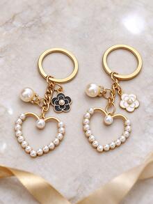 Pearl Hollow Heart Keychain Bag Charm, Camellia Flower Bag Accessory, Elegant Alloy Key Ring Pendant, Women's Handbag Accessory Gift - Multicolor - View 5