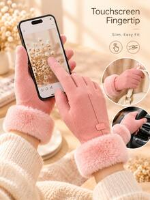 Faux Suede Fabric Full Finger Gloves, Slim Straight Shape With Plush Furry Cuff & Small Label Decoration, Touch Screen Design For Phone Operation,For Daily Commute, Shopping, Outdoor Walking, Christmas, New Year, Cold Autumn And Winter Days - Multicolor - View 3