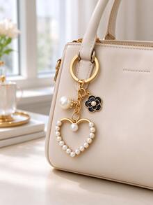 Pearl Hollow Heart Keychain Bag Charm, Camellia Flower Bag Accessory, Elegant Alloy Key Ring Pendant, Women's Handbag Accessory Gift - Multicolor - View 3