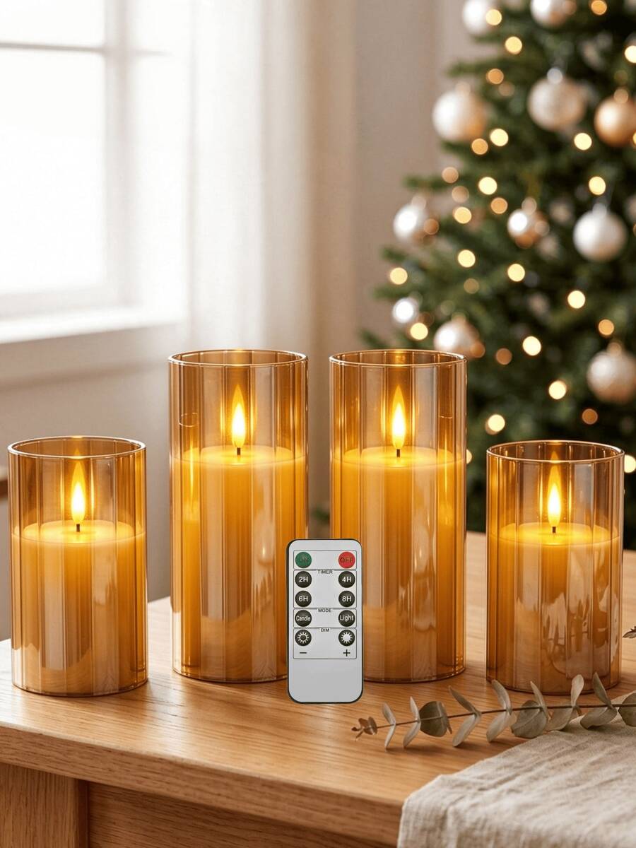 4pcs Set Gold Vertical Ribbed Remote Control LED Electronic Candles, Realistic Flickering Flame, Timer Dimmable, Smokeless Desktop Atmosphere Decor Candle Light Set For Home Living Room New Year Christmas Holiday - Gold Stripes - View 1