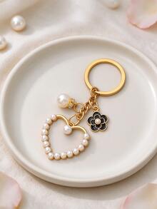Pearl Hollow Heart Keychain Bag Charm, Camellia Flower Bag Accessory, Elegant Alloy Key Ring Pendant, Women's Handbag Accessory Gift - Multicolor - View 9