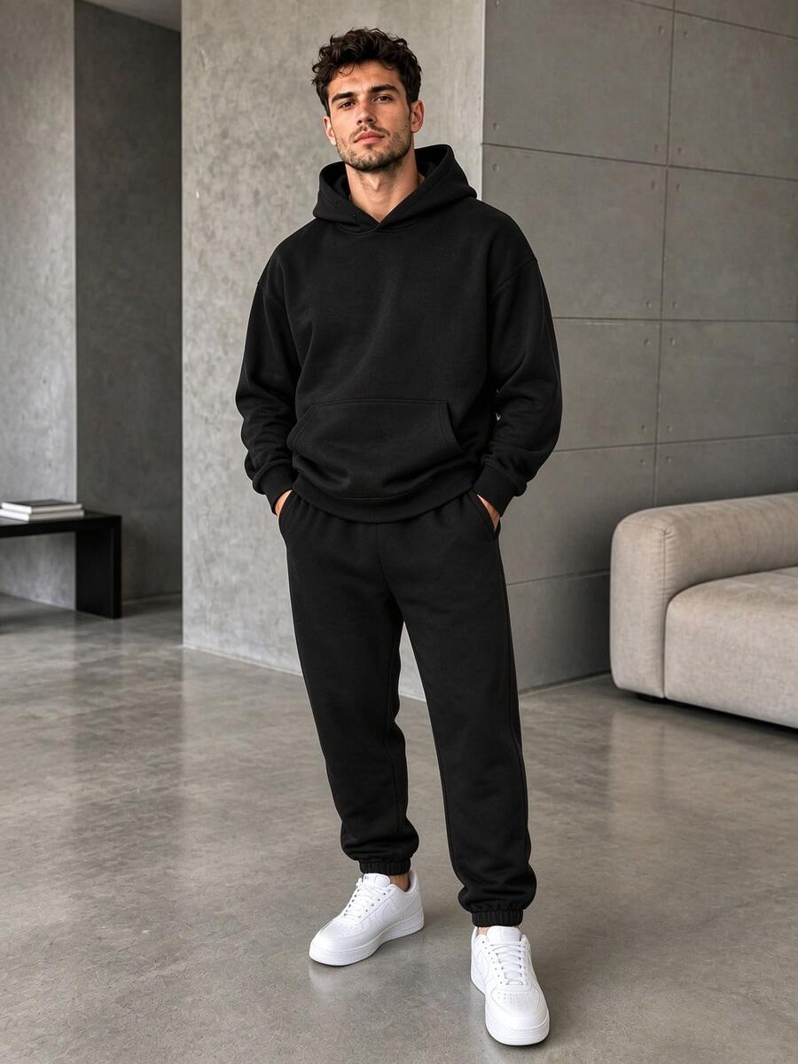 Men's Minimalist Black Sweatshirt Sweatshirt Set, Loose Drop Shoulder Pullover Sweatshirt With Draped Wide Leg Pants, 2-Piece Set - Black - View 1