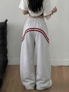 Women's Pendant With Linear Design, Fashion Urban Straight Leg Slightly Elastic Drawstring Wide Leg Pants, Casual Wear Women's Pants - Light Grey - View 7