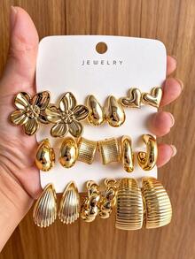 6/18pcs Fashion Gold C-Shaped Textured Petal Earrings, Exaggerated Style Earring Set For Women - Gold - View 8
