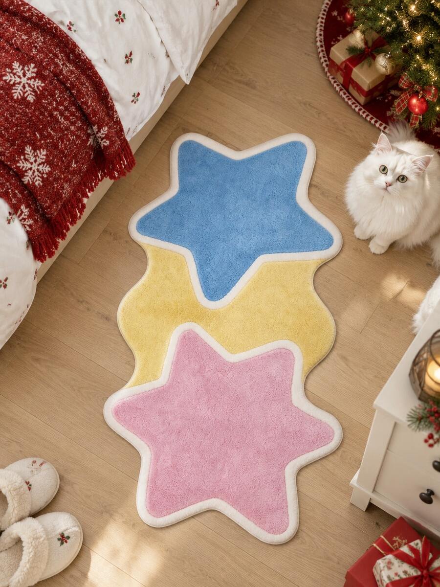 1pc Three-Color Star Patchwork Velvet Long Strip Rug, Blue Yellow Pink Three Asymmetrical Stars Combination, Playful And Healing. Long Strip Design Suitable For Bedroom Bedside, Children's Room, Game Area, Creating A Bright And Cute Space Atmosphere. - Multicolor - View 1