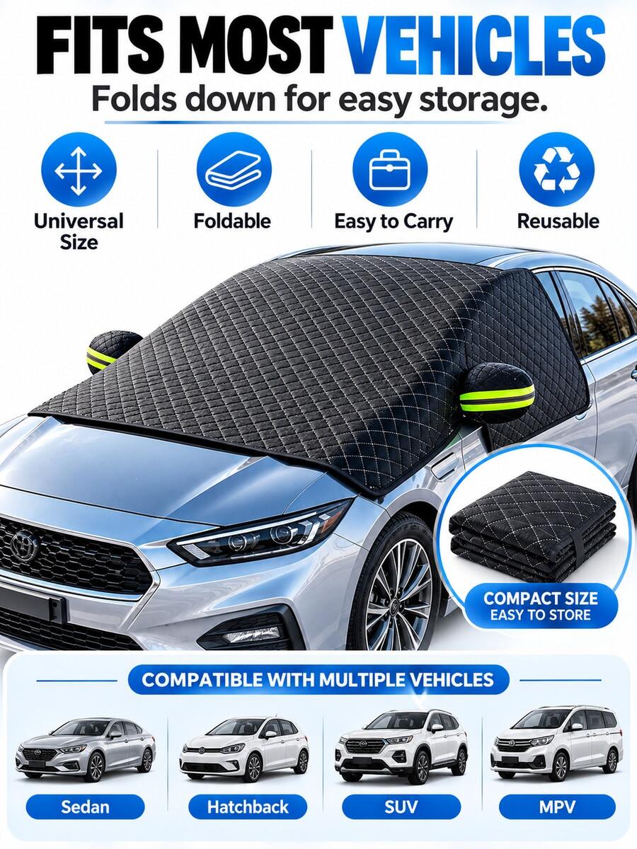1pc Winter Car Snow Cover, Fits All Car Models, Anti-Ice Cover, Durable Oxford Cloth Front Windshield Cover, UV Resistant, Snowproof, Easy Installation, Suitable For Winter Driving, Summer Sunshade, Car Window Snow Cover, Front Windshield, Car Accessories - A - View 1