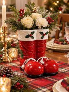 Red Christmas Boot Flower Vase, Festive Santa Boots Floral Container With Holly Accents, Decorative Holiday Centerpiece For Christmas Dining Table, Fireplace Mantel, Entryway Console And Winter Home Decor - Christmas Boot Vase - View 4