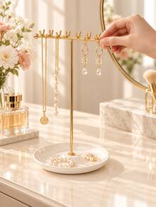 Home Desktop Tray Base Jewelry Stand, Double Row 16 Hooks Necklace Display Rack, Metal T-Shaped Earring Storage Holder - Multicolor - View 4