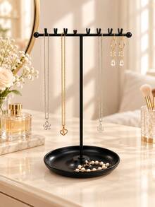 Home Desktop Tray Base Jewelry Stand, Double Row 16 Hooks Necklace Display Rack, Metal T-Shaped Earring Storage Holder - Multicolor - View 2