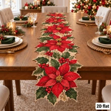 Flat Christmas Linen Table Runner, Asymmetrical Floral Edge, Red Poinsettia Holly Leaf And Berry Pattern, Holiday Table Decor, Suitable For Holiday Dinner, Christmas Party, Kitchen And Farmhouse Home - A - View 5