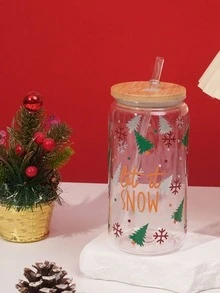 16oz Colorful Christmas Pattern Mason Cup, Single Layer PC Mason Bottle With Bamboo Lid, 475ml Christmas Plastic Cup - Color - View 9