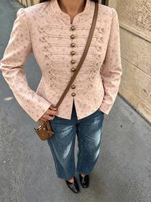 GMFP Women's Spring/Autumn Pink Soft Ditsy Floral Stand Collar Frog Button Slim Fit Cropped Jacket, Suitable For Back To School, Halloween, Christmas Party And Daily Wear - Pink - View 6