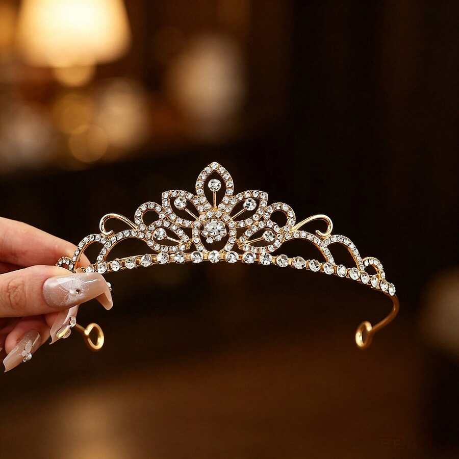 1 chiếc băng đô vương miện hợp kim đính đá phong cách công chúa, phụ kiện tóc nữ phù hợp cho cô dâu đám cưới, đeo hàng ngày, tiệc sinh nhật và dạ tiệc - Vàng - Xem 1