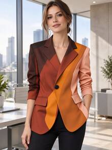 HOMEYEE Contrast Color Print Vintage Casual Commute Vacation Elegant Daily Business Professional Blazer Jacket, Long Sleeve, Lapel Collar - Orange - View 1