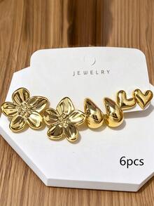 6/18pcs Fashion Gold C-Shaped Textured Petal Earrings, Exaggerated Style Earring Set For Women - Gold - View 9