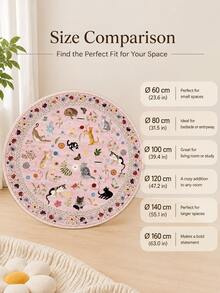 1pc Cat Garden Round Velvet Rug, Pink Background With Multiple Cats, Flowers And Butterfly Pattern, Vintage Floral Wreath Border, Exquisite And Durable, Cute And Artistic. Round Shape Suitable For Living Room, Bedroom, Children's Room, Creating A Gentle And Playful Garden Atmosphere. - Multicolor - View 6