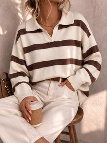Plus-Size Cream Brown Striped Polo V-Neck Drop Shoulder Long Sleeve Ribbed Knit Pullover Women Casual Chic Homecoming Christmas Fall Winter - Khaki - View 1